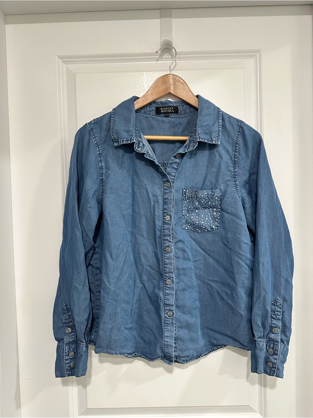 Badgley Mischka Women’s Button Up Denim Shirt with Rhinestone Pocket Size L